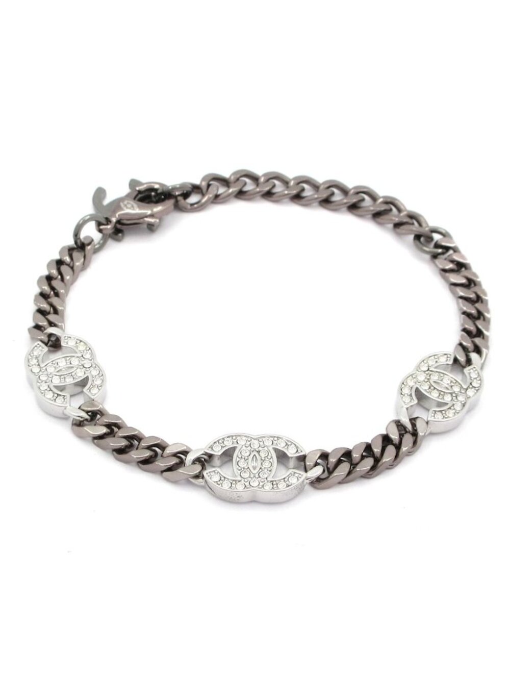 Chanel Bracelet CC Logo Silver Clear Rhinestone
